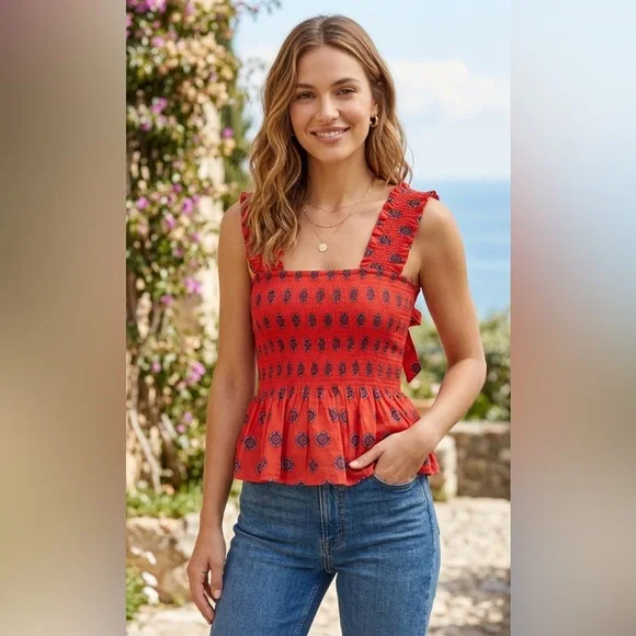 Anthropologie Maeve Red Medallion Smocked Peplum Tank Top cotton blend size S - Picture 1 of 6